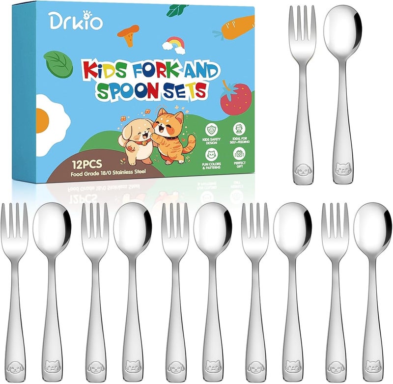 DRKIO طقم أدوات الطعام للأطفال من الفولاذ المقاوم للصدأ - 12 قطعة طقم أدوات مائدة للأطفال آمن للطعام مع شوك صغيرة وملاعق آمنة للأطفال قابلة للغسل في غسالة الصحون ومصقولة بلمعان - Image 1